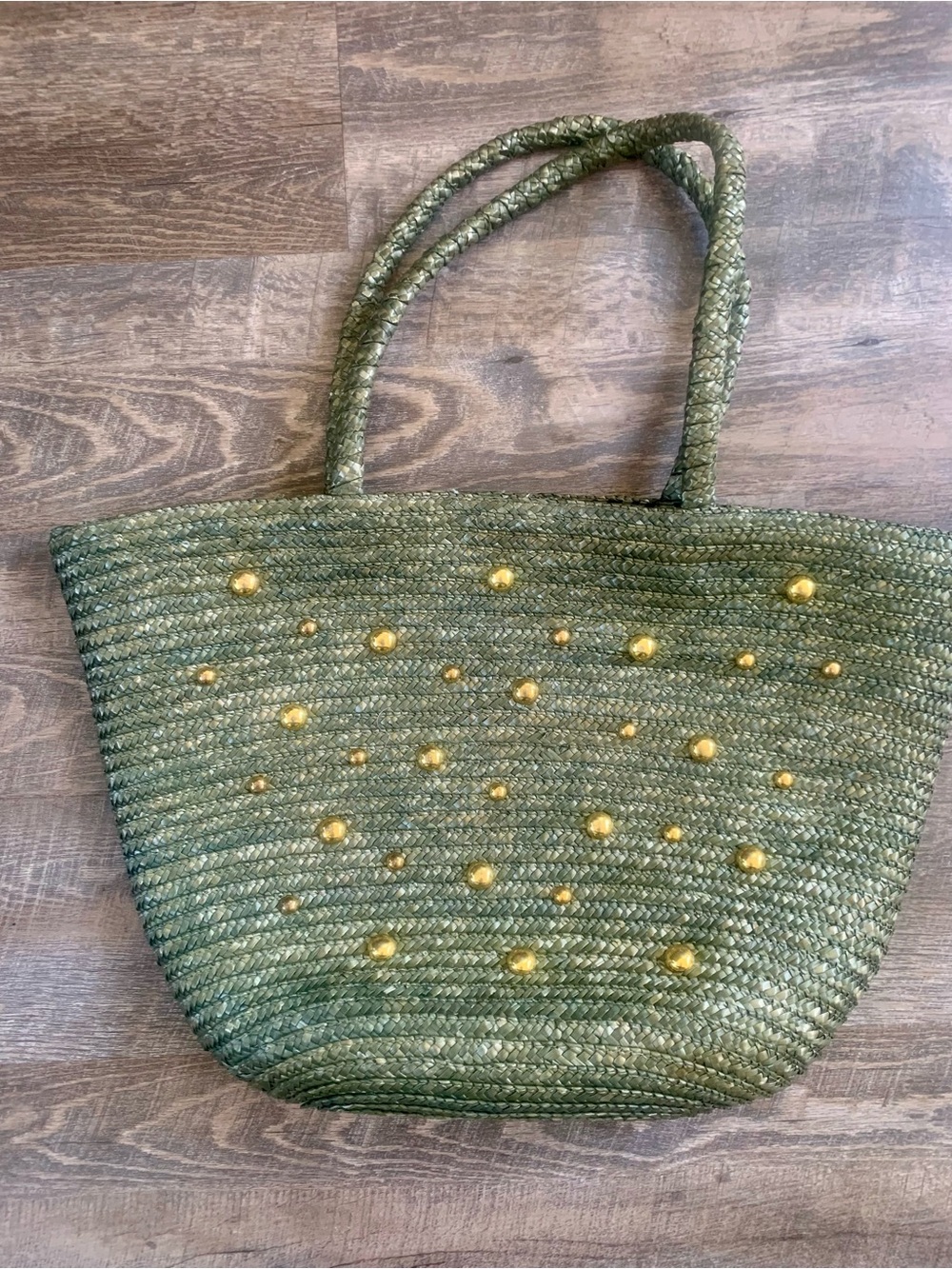 Sun n’ Sand  Olive Green Woven Tote with Gold Stud Accents